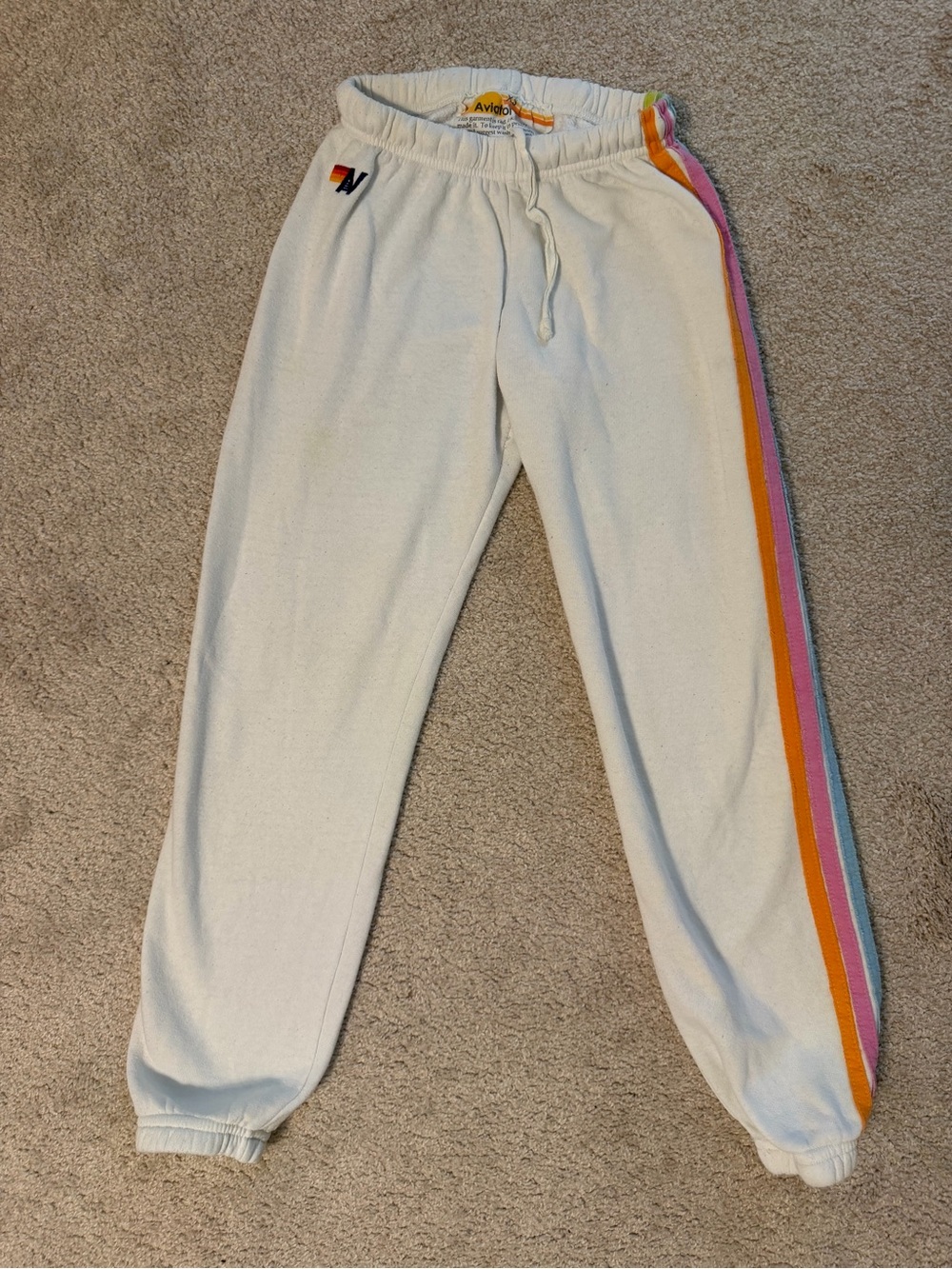 Aviator Nation white women’s Sweatpants with Rainbow Side Stripes